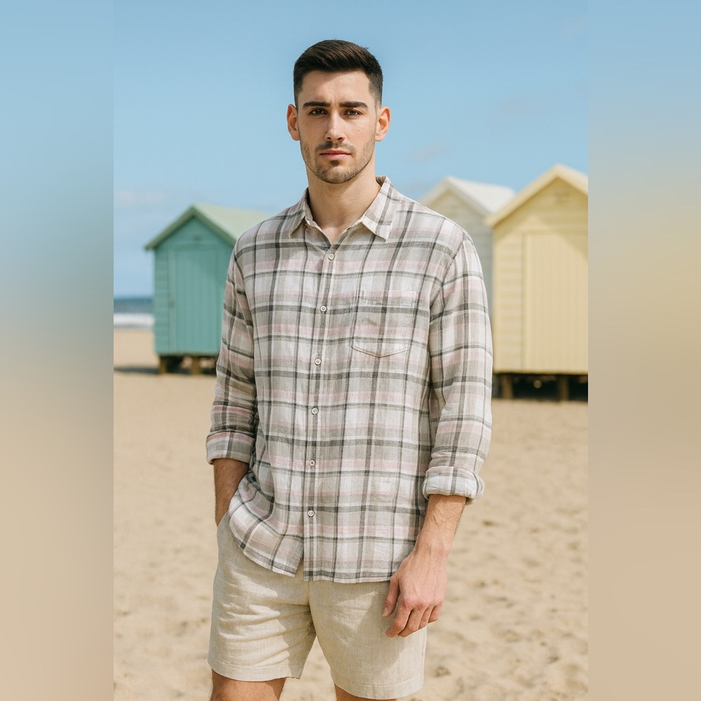 Baird McNutt‎ Murano Mens XL Linen Plaid Shirt Gray Pink Long Sleeve Vacation